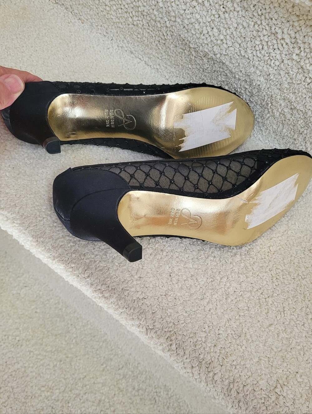 Adrianna Papell Black Mesh Peep-Toe Heels with Gold Insole - Picture 5 of 6